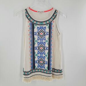 Jolt Beige Colorful Geo Textured Print Fringe Hem Tank Top Women's Size Medium